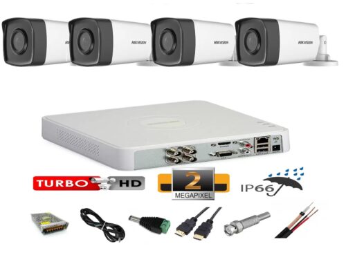 Sistem supraveghere video profesional exterior 4 camere 2MP Hikvision Turbo HD  40m IR  full accesorii  accesorii
