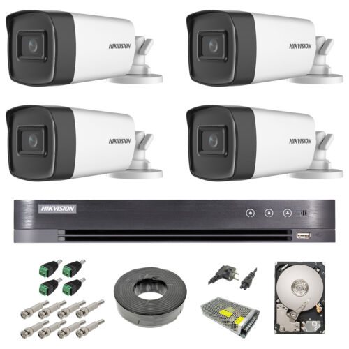 Sistem supraveghere video exterior complet Hikvision 4 camere Turbo HD 5 MP 80 m IR cu toate accesoriile