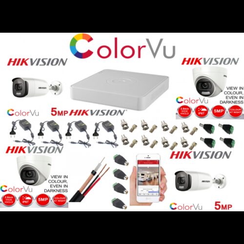 Kit supraveghere profesional mixt Hikvision Color Vu 4 camere 5MP IR40m si IR20m