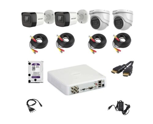 Kit supraveghere video Hikvision 5MP format din 2 camere interior 2 camere exterior DVR 4 canale si accesorii complete incluse