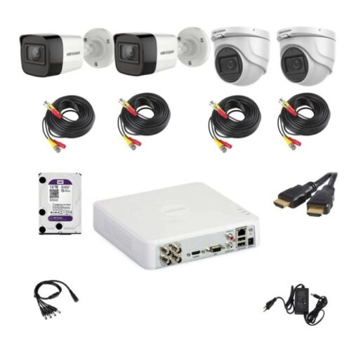 Kit supraveghere video Hikvision 5MP format din 2 camere interior 2 camere exterior DVR 4 canale si accesorii complete incluse