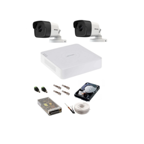 Kit complet supraveghere 5 MP Hikvision Turbo HD cu 2 camere Bullet IR 20 m