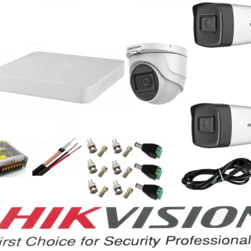 Sistem supraveghere video profesional Hikvision 3 camere 5MP 2 exterior Turbo HD IR 40 M si 1 interior IR 20m DVR 4 canale cu full accesorii