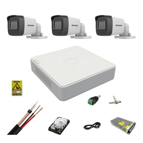 Kit complet supraveghere 5MP Hikvision cu 3 camere Bullet IR 25m