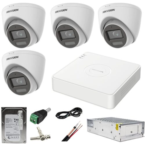 Sistem supraveghere Hikvision 4 camere 2MP Dual Light WL 20m IR 40m DVR 4MP AcuSense cu accesorii incluse HDD 500GB