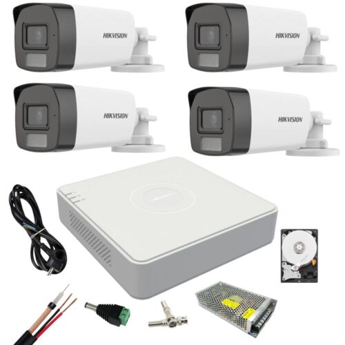 Sistem supraveghere Hikvision 4 camere Dual Light 5 MP cu microfon Lumina alba 40 m IR  DVR 4 canale 4 MP lite