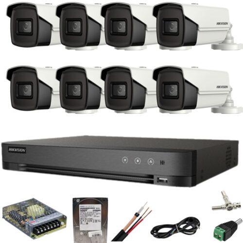 Sistem supraveghere Hikvision 8 camere 8MP IR 80M DVR 4K AcuSense 8MP cu accesorii si HDD 1TB inclus