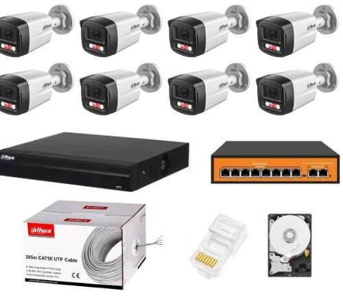 Sistem supraveghere complet Dahua 8 camere IP 4MP Dual Light 30m Microfon NVR 8 canale HDD si accesorii instalare incluse