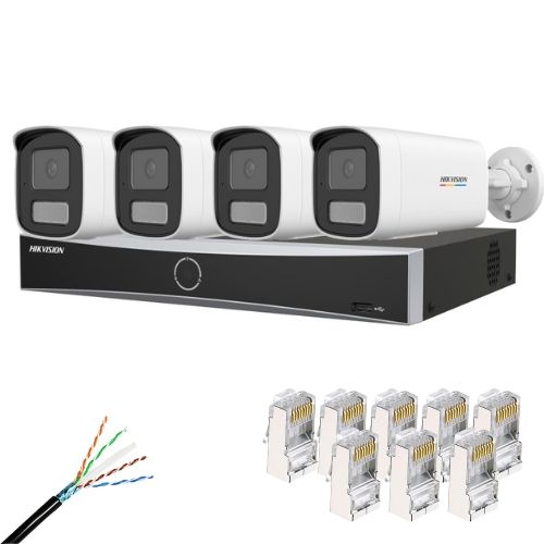 Kit supraveghere IP Hikvision 4 camere IP 4MP Lentila 4mm IR 50m Lumina Alba 50m Microfon