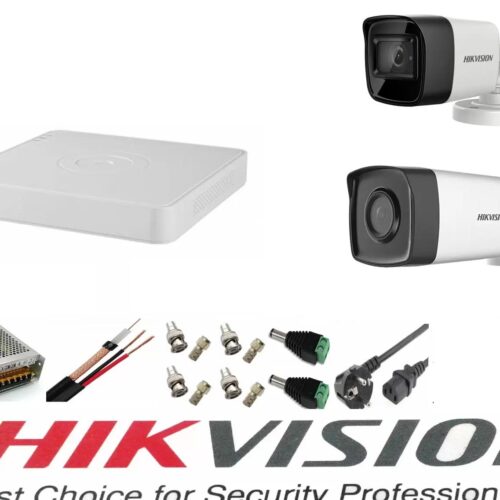 Sistem supraveghere video Hikvision 2 camere 5MP Turbo HD IR80m si IR40m DVR Hikvision 4 canale full accesorii