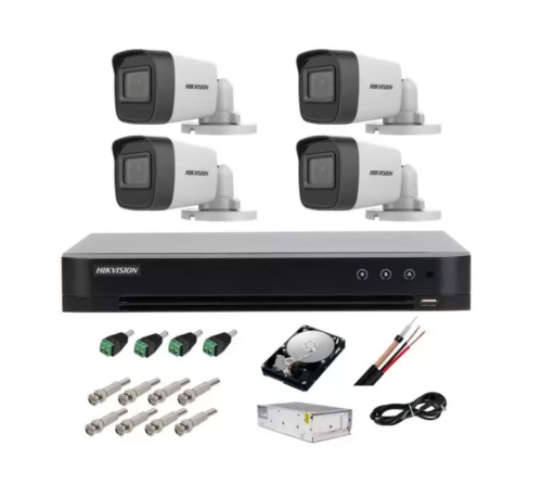 Kit complet supraveghere 5 MP lite Hikvision Turbo HD cu 4 camere Bullet IR 20m