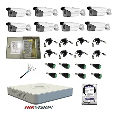 Kit sistem complet 8 camere supraveghere exterior HIKVISION FULL HD 40 m IR  hard 2 TB