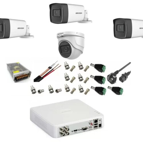 Sistem supraveghere video profesional Hikvision 4 camere 5MP 3 exterior Turbo HD IR 40M 1 interior IR 20m DVR TurboHD 4 canale cu full accesorii