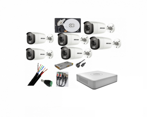 Sistem supraveghere 6 camere Hikvision 2mp Color Vu cu IR 40m (color noapte )