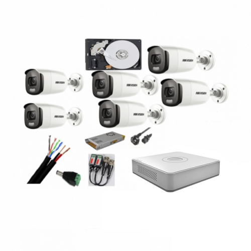 Sistem supraveghere 6 camere Hikvision 2mp Color Vu cu IR 40m (color noapte )