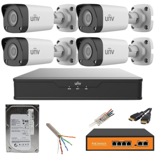 Sistem supraveghere UNV 4 camere IP 5MP IR 30M PoE NVR 4 canale cu accesorii HDD 500GB incluse