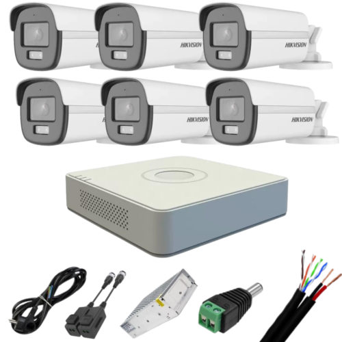 Sistem supraveghere 6 camere Hikvision 2MP  Color VU IR 40m (color noapte )  DVR 8 canale Accesorii incluse