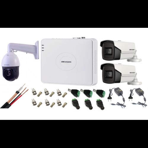 Kit supraveghere Hikvision 3 camere 1 Speed Dome TurboHD 2MP IR 100m zoom 25X 2 camere 5MP ir 40m DVR 4 canale full accesorii