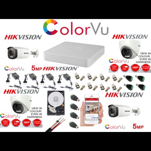 Kit supraveghere profesional mixt Hikvision Color Vu 4 camere 5MP IR40m si IR20m DVR 4 canale full accesorii si HDD 1TB